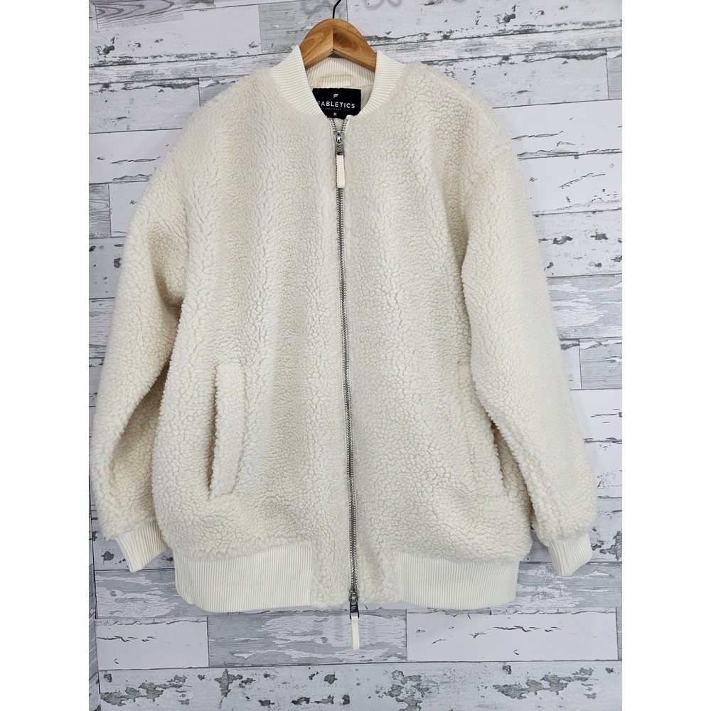 Fabletics Womens Sherpa Bomber Jacket Cream White Full Zip Fleece‎ M